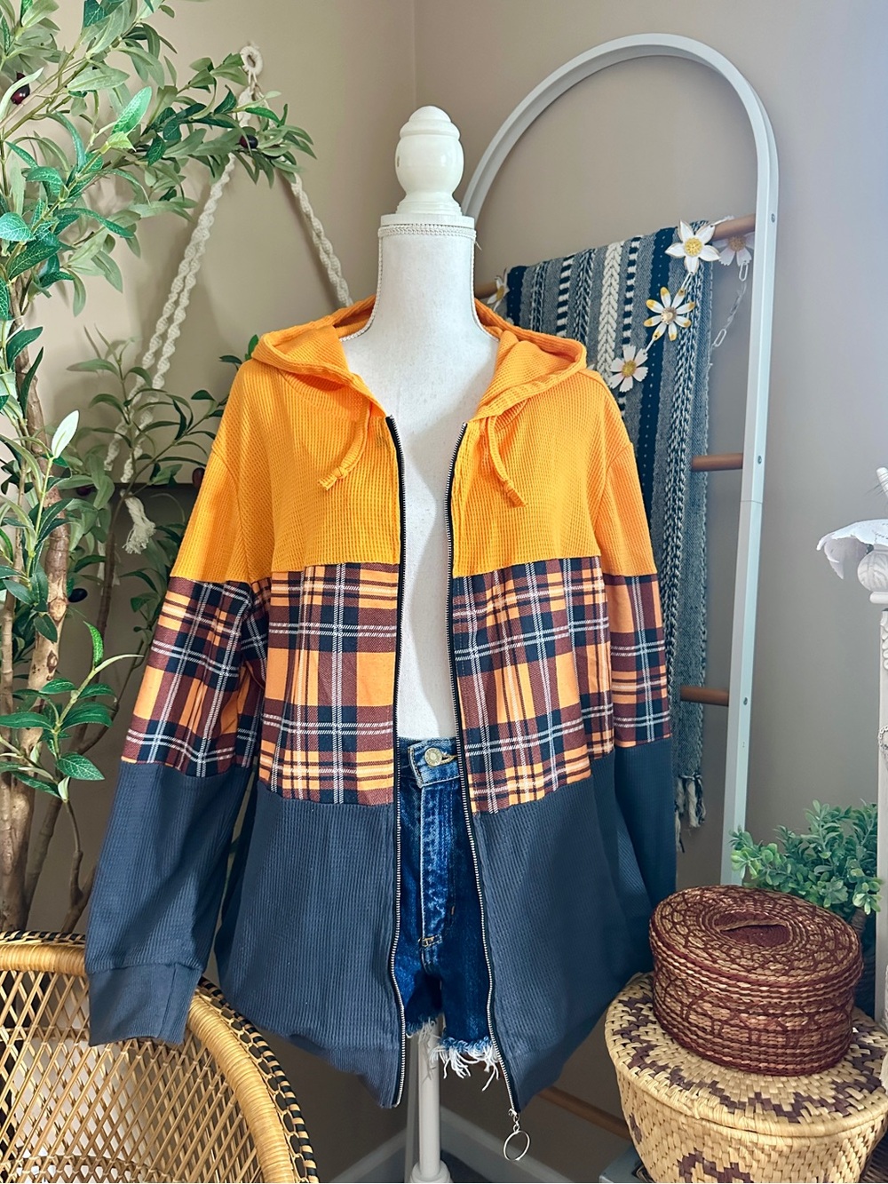Fall Plaid Colorblock Waffle Knit Zip Up Hooded Top